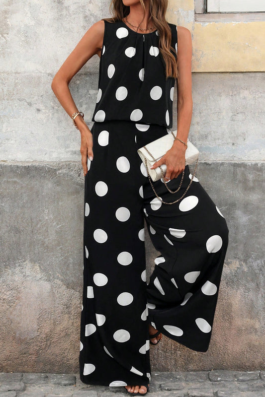 Women's Black Polka Dot Print Pleated Round Neck Tank Casual Wide-Leg Two-Piece Outfit