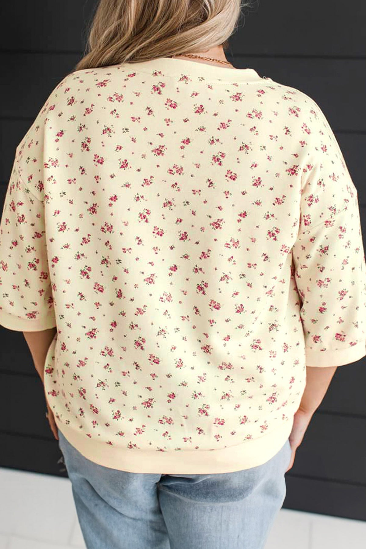 Beige Floral Print Color-Block Cuffs Hem Plus Size Blouse