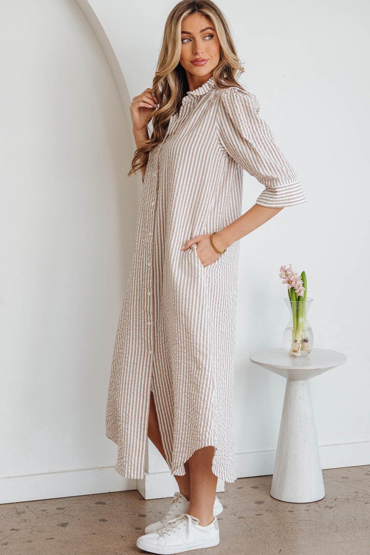 Khaki Stripe Frilled Collar Half Sleeve Shirt Maxi Dress