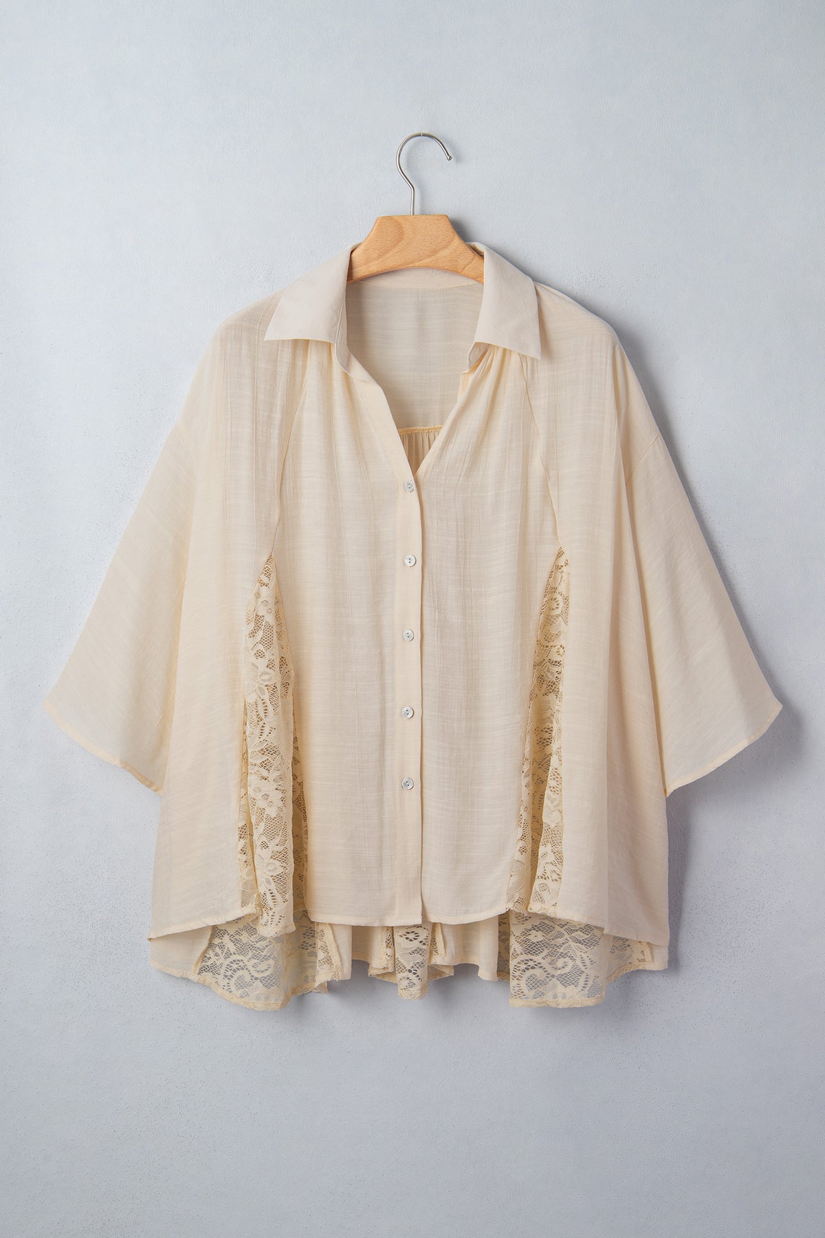 Oatmeal Sheer Lace Splicing Detail Bracelet Sleeve Flowy Shirt