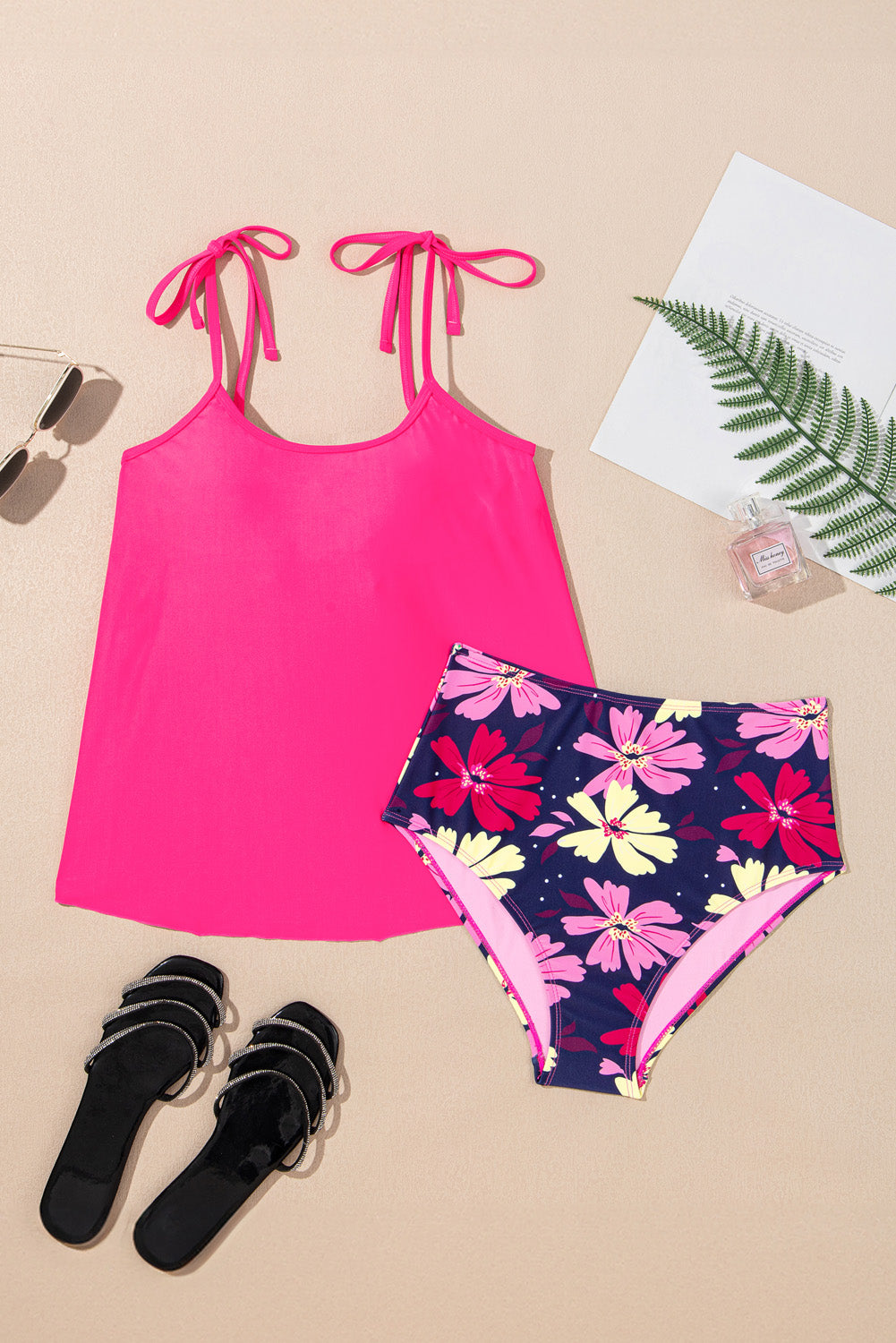 Rose Red Floral Tie-Shoulder Tankini Set