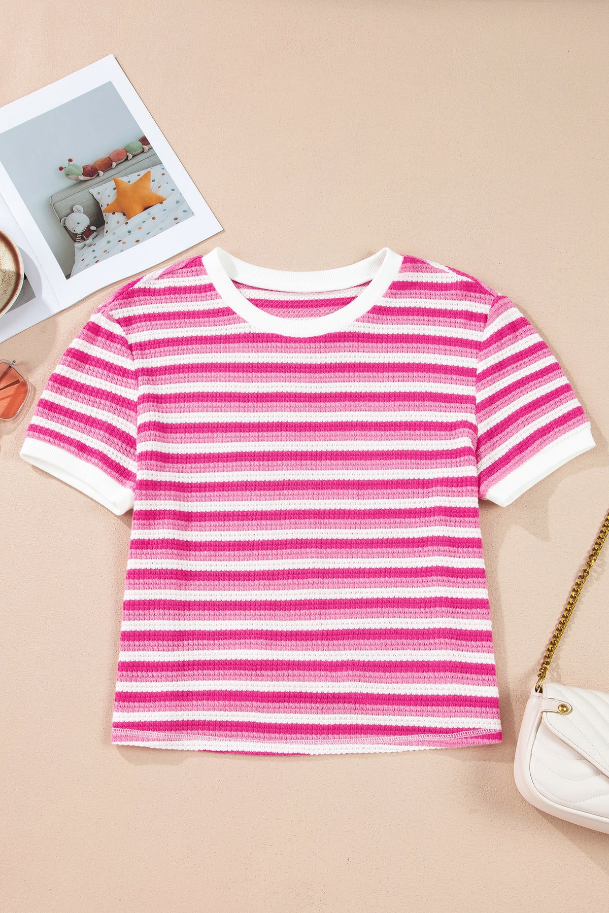 Sachet Pink Textured Knit Short Sleeve Crossed Detail Tee
