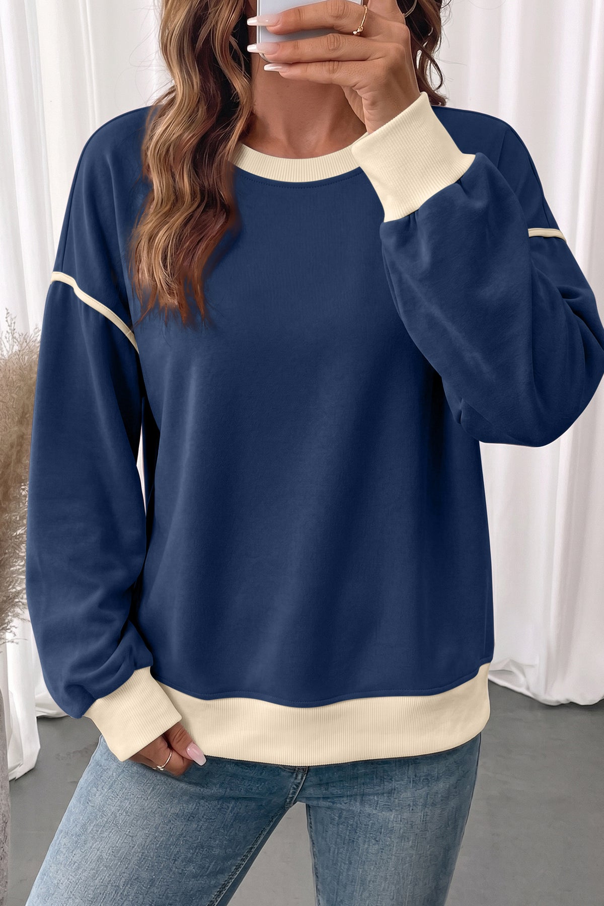 Navy Blue Color Block Drop Shoulder Sweatshirt