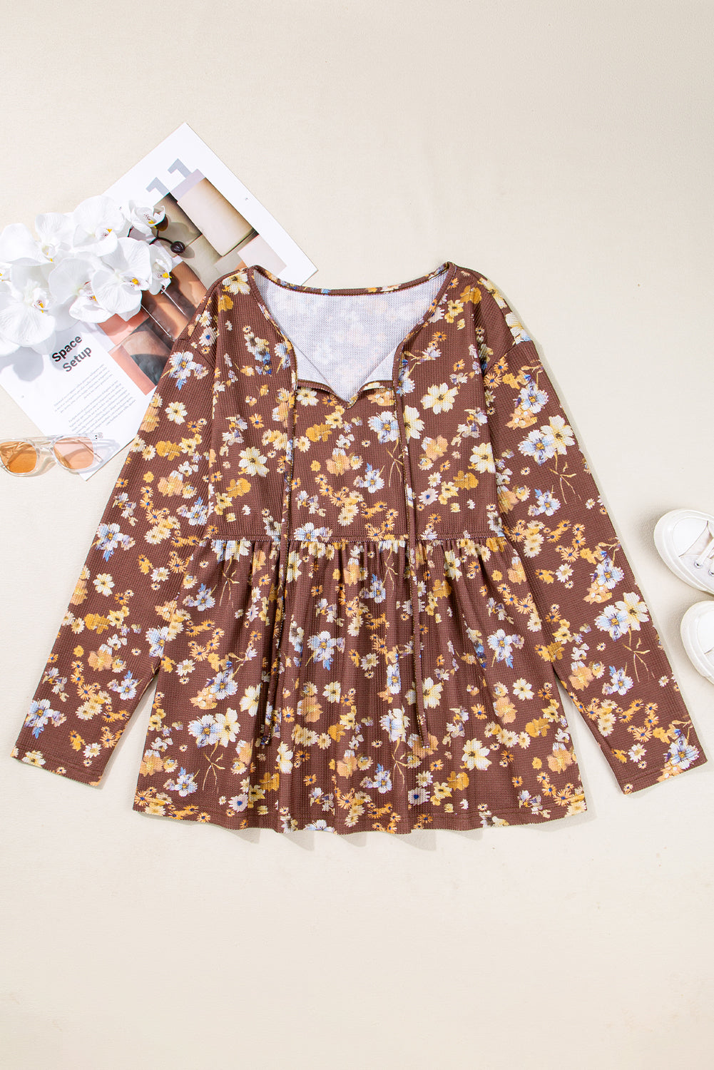 Khaki Floral Textured Tied Neck Long-Sleeve Plus Size Babydoll Blouse