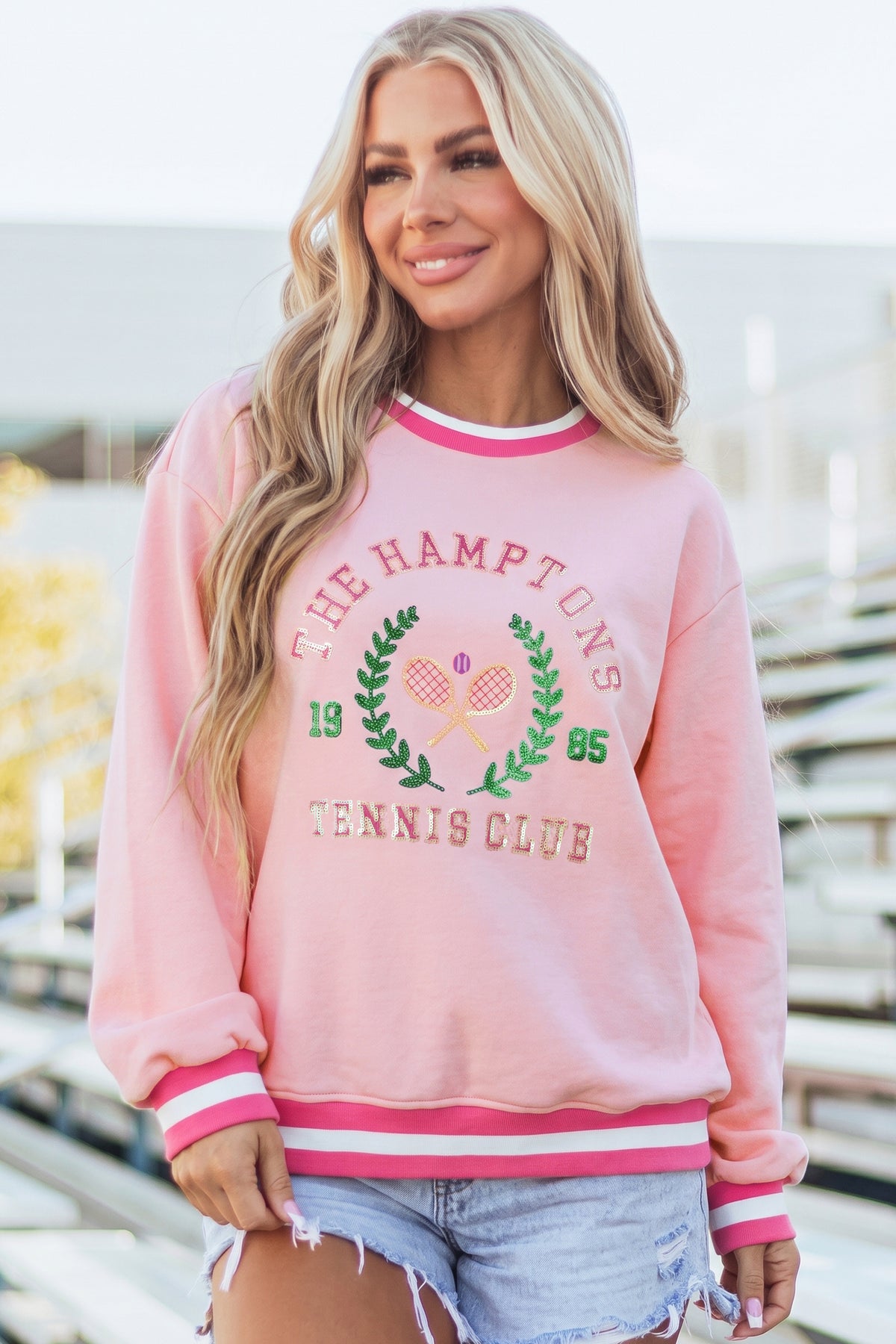 Pink Embroidered Tennis Club Crew Neck Sweatshirt