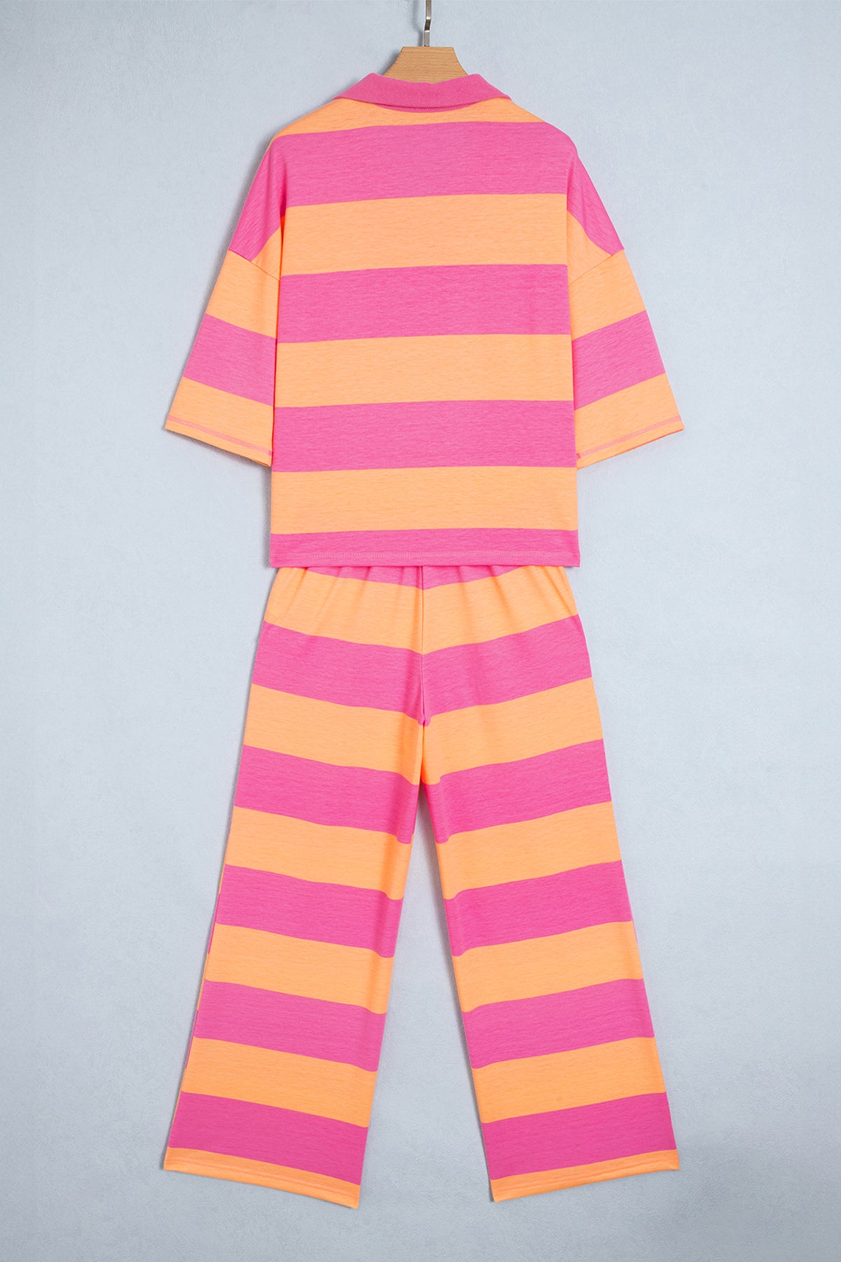 Women's Orange Stripe Colorblock Half Sleeve Top Casual Loose Pants Two-Piece Set