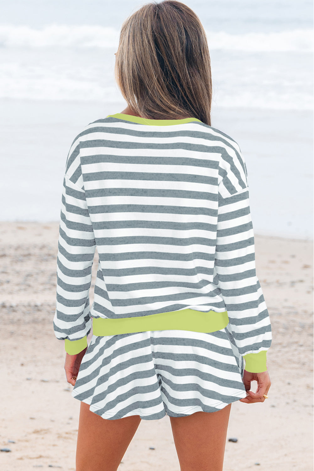 Women's Gray Stripe Contrast Ribbed Banding Long-Sleeve Blouse Shorts Set