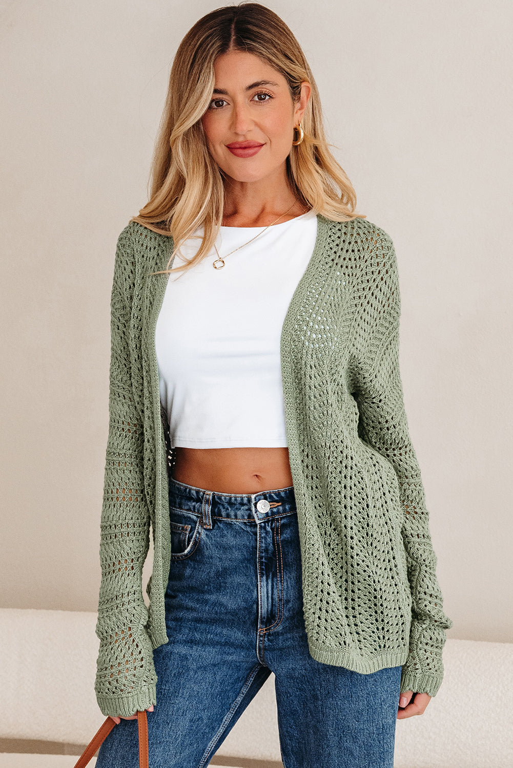 Green Bay Scalloped Edge Eyelet Knit Batwing Sleeve Cardigan