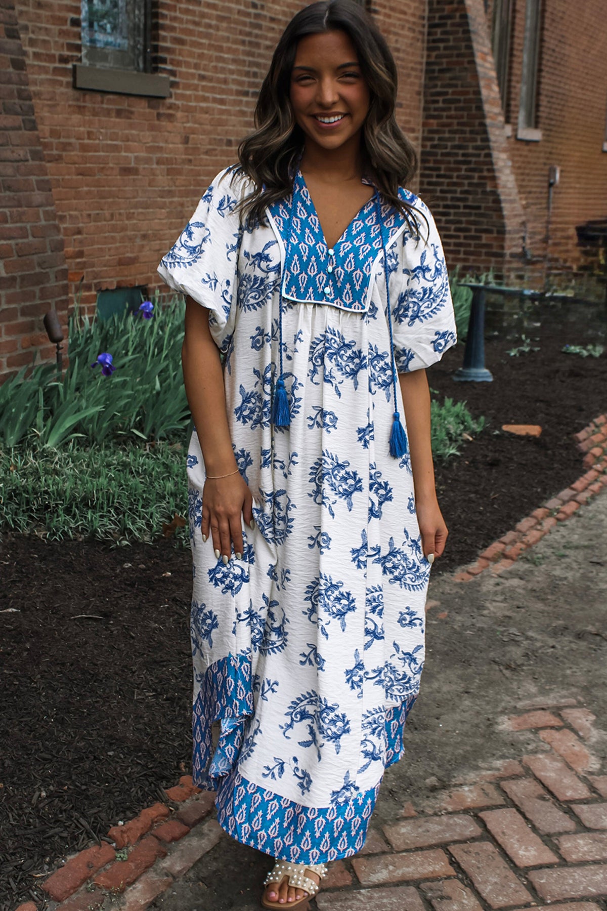 Sky Blue Boho Abstract Print V Neck Tassel Tie Dress
