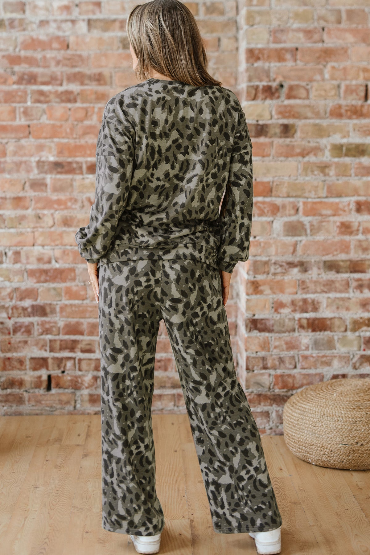 Women's Brown Leopard Print Raw Seam Patchwork Pullover Pants Two-Piece Set