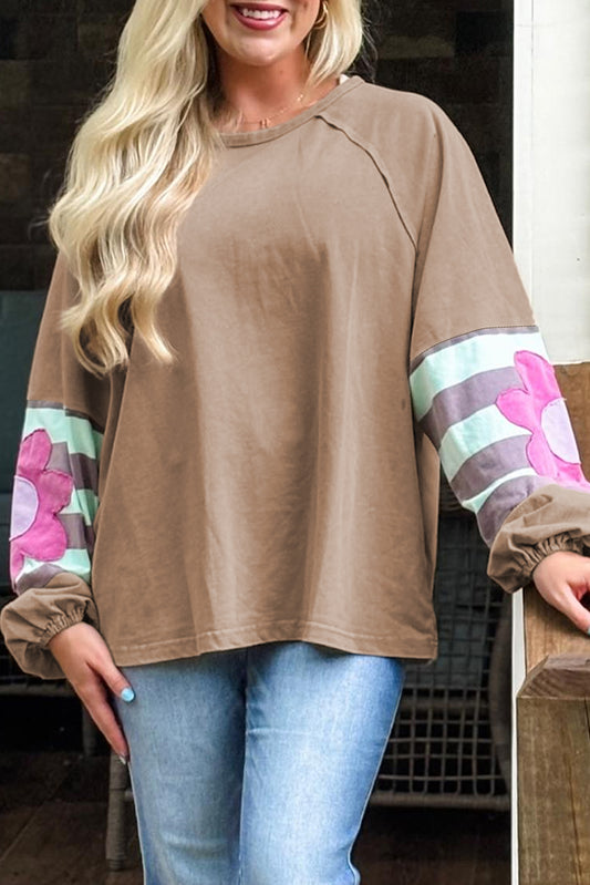 Light French Beige Plus Size Flower Striped Sweatshirt