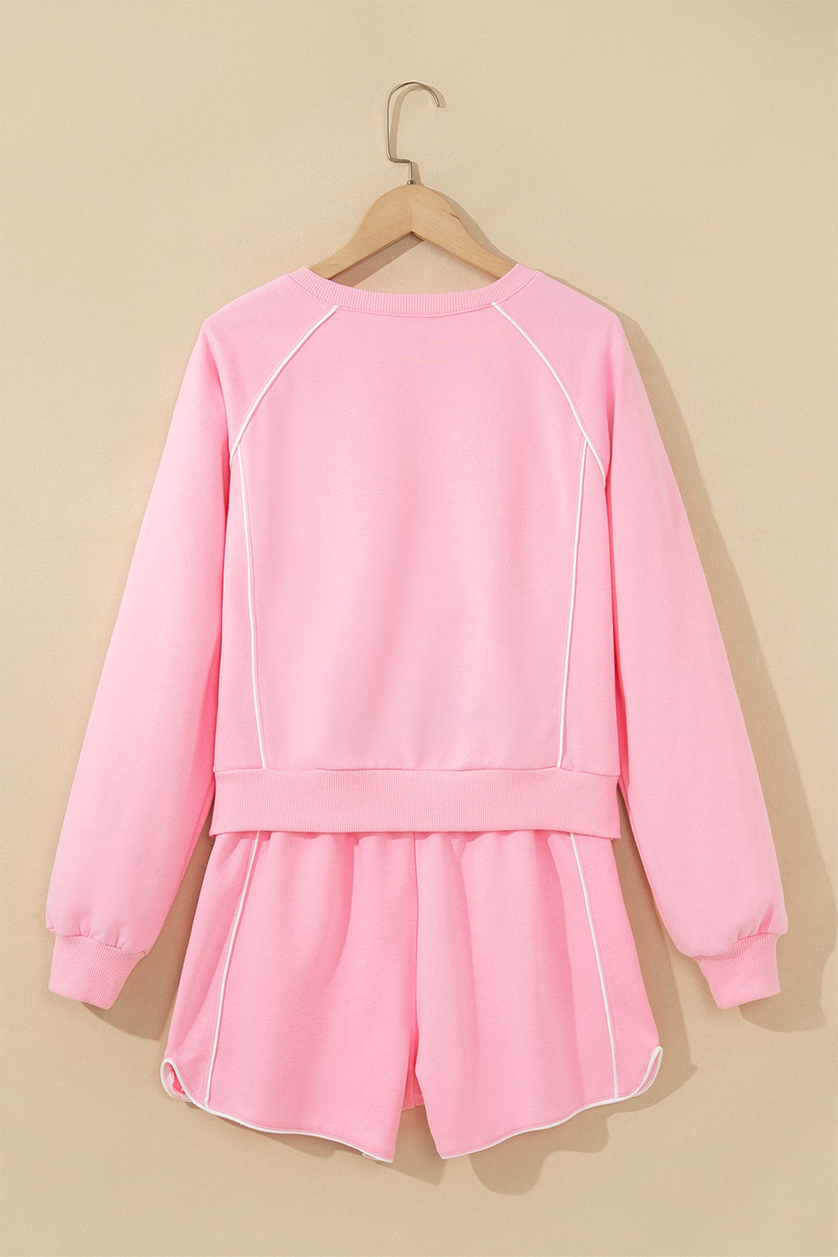 Women's Pink Piping Trim Long Sporty Pullover Shorts Set