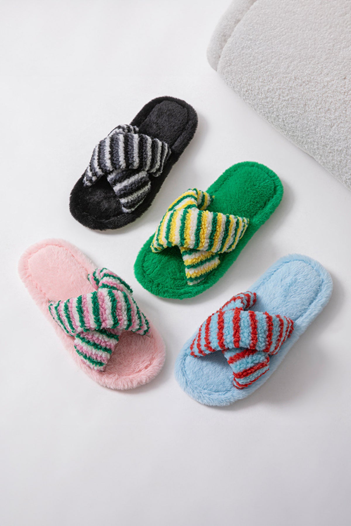 Pink Striped Cross Band Soft Plush Open-Toe Slippers