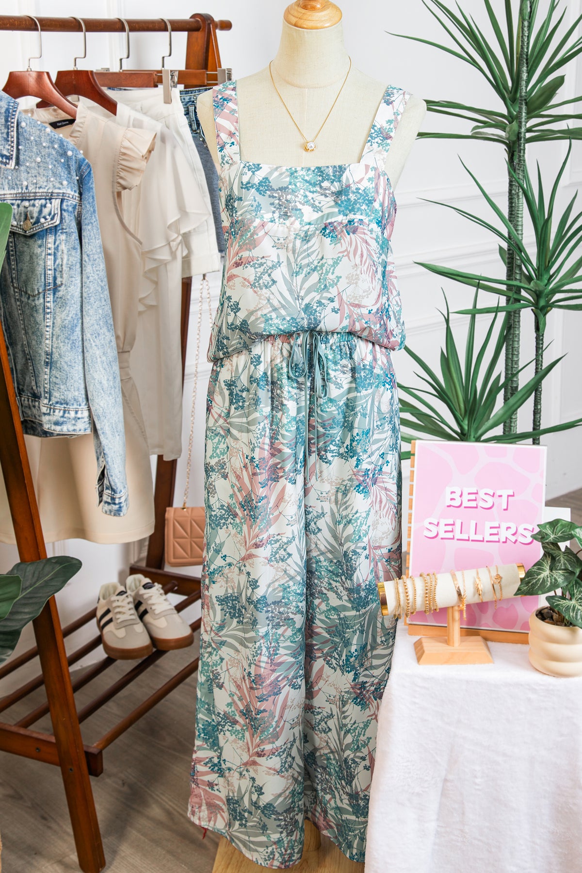Women's Green Tropical Palm Printed Cropped Tank Wide Leg Pants Two-Piece Set
