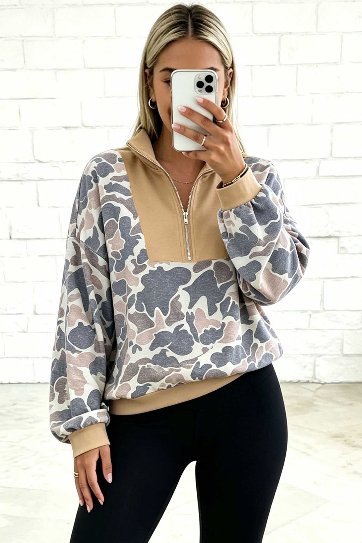 Multicolour Camouflage Print Color Block Zipper Stand Neck Sweatshirt