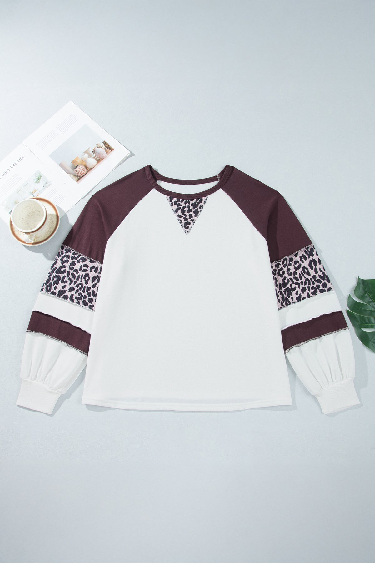 Beige Leopard Print Color-Block Round-Neck Long-Sleeve Plus Size Blouse