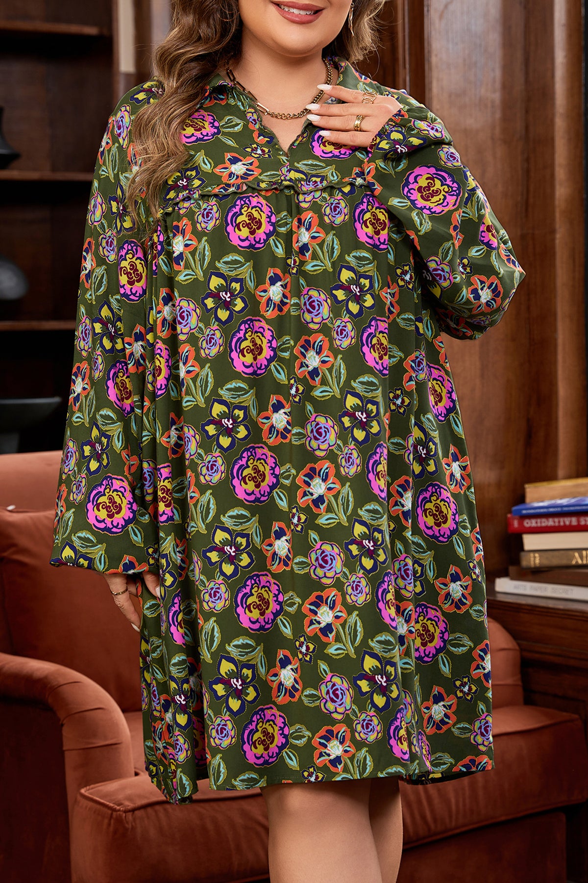 Green Plus Size Floral Print Collared V-Neck Loose Mini Dress