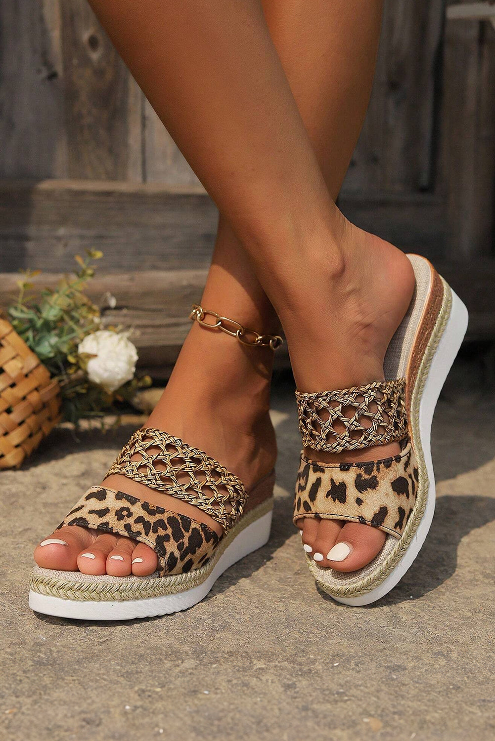 Chestnut Leopard Braided Wedge Sandals