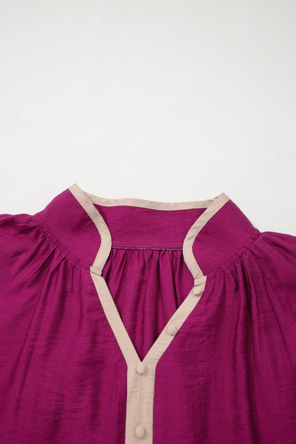 Wild Ginger Plus Size Contrast Trim Button V-Neck Puffy Bracelet Sleeve Blouse