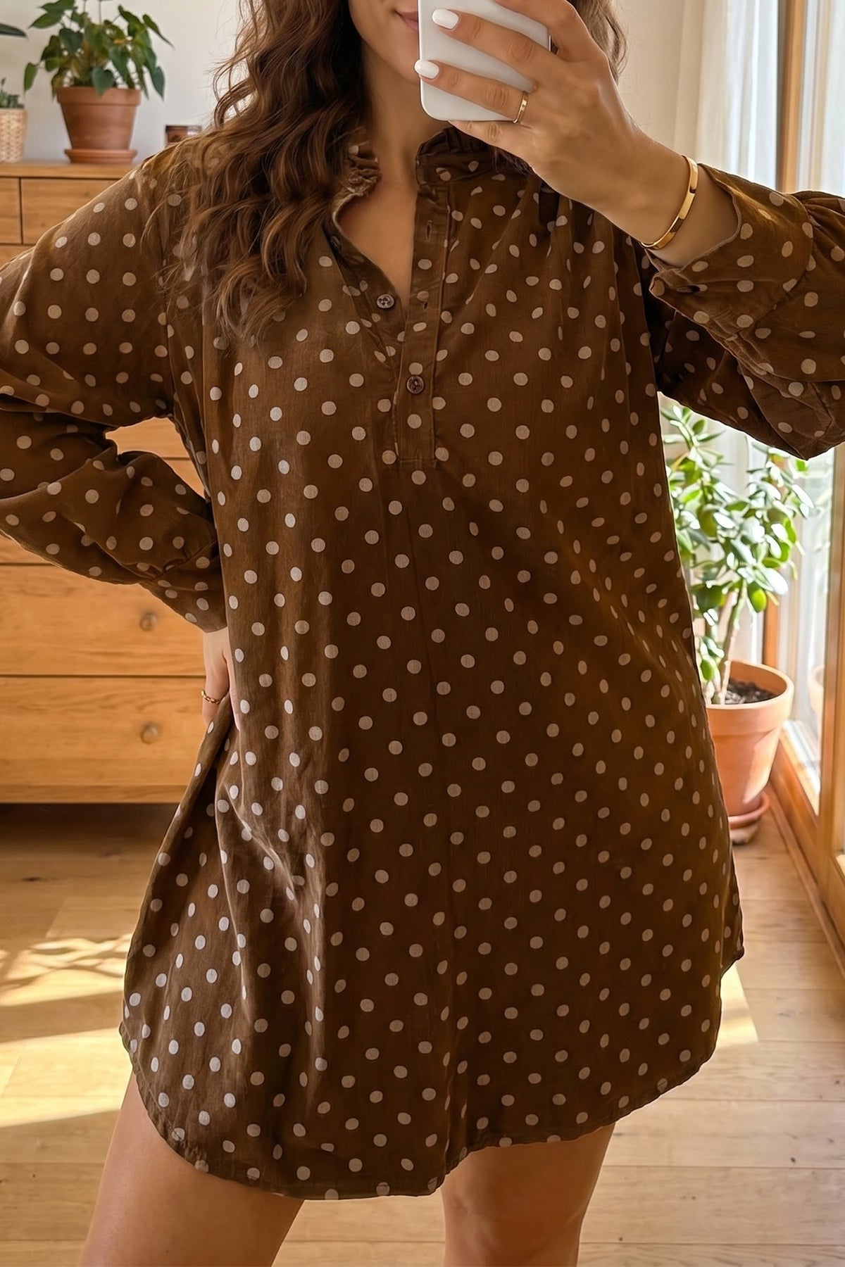 Brown Polka Dot Corduroy V-Neck Mini Dress