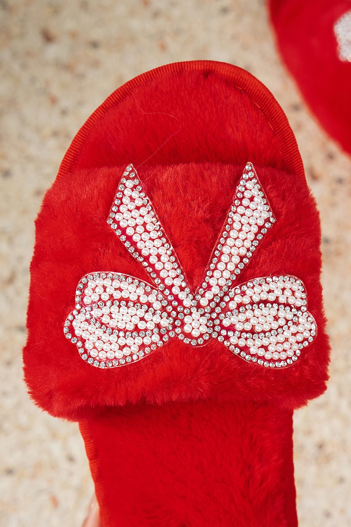 Fiery Red Pearl Rhinestone Embellished Bow Open-Toe Plush Slippers
