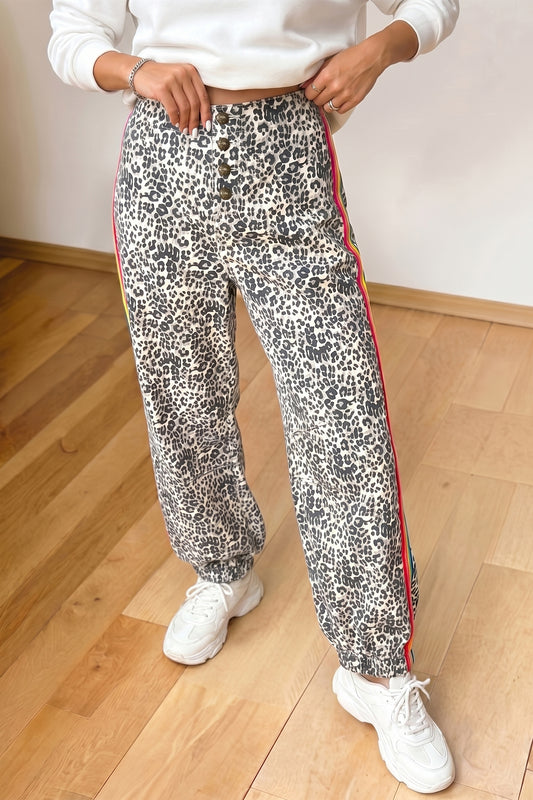 Brown Leopard Print Rainbow Striped Buttoned Loose Jogger Jeans