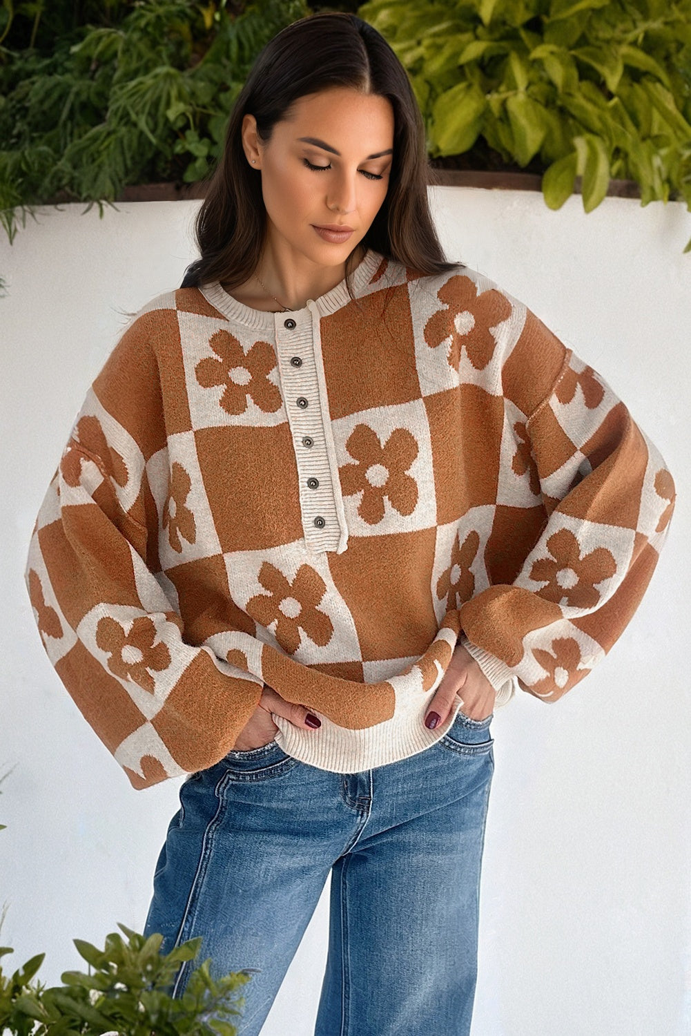 Thai Curry Flower Plaid Henley Baggy Sweater