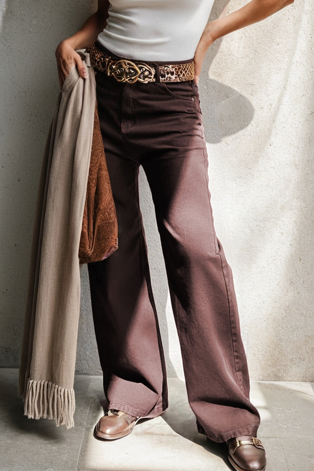 Coffee Loose Straight High Waist Solid Jeans