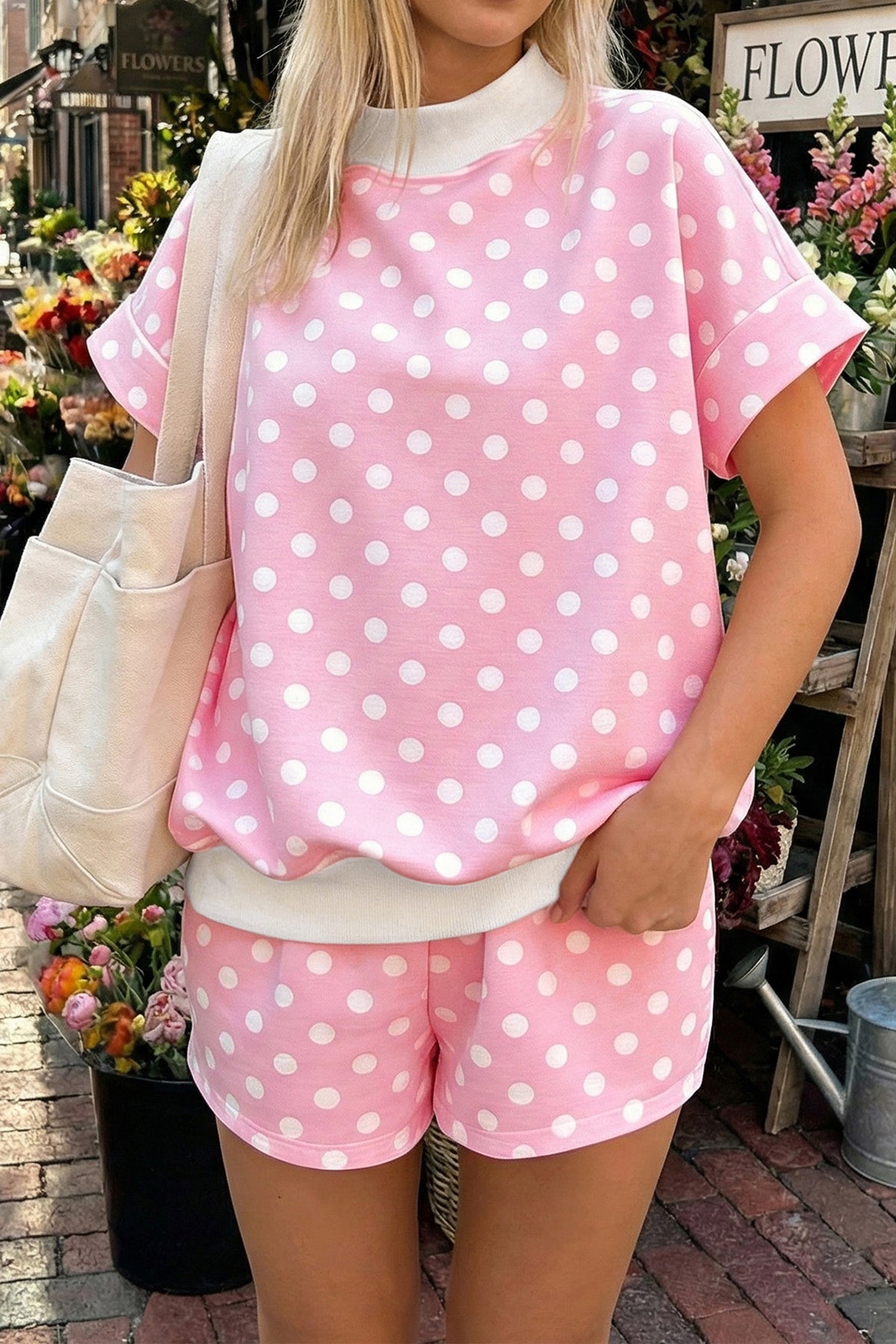 Women's Pink Polka Dot Print Color Block Trim Mock Neck Shorts Two-Piece Set