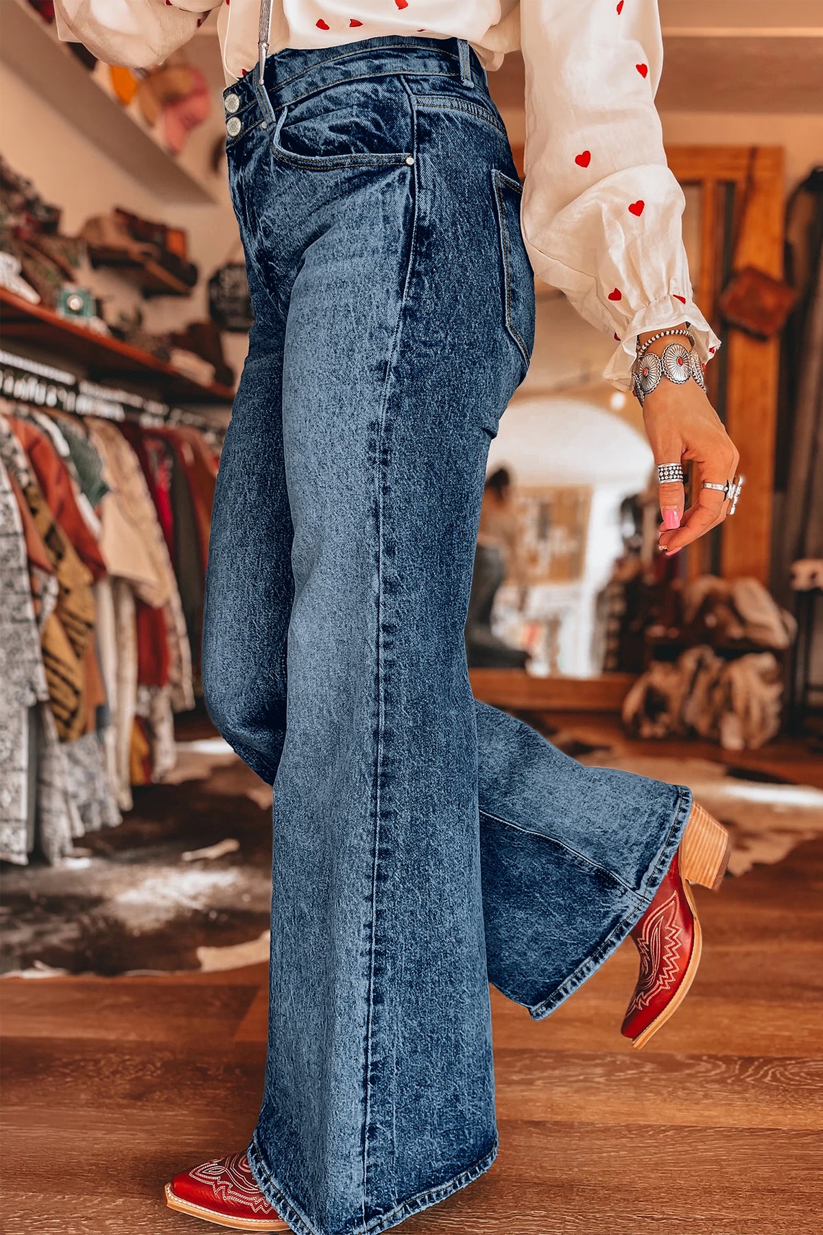 Sail Blue Acid Wash Pocket Flare Jeans