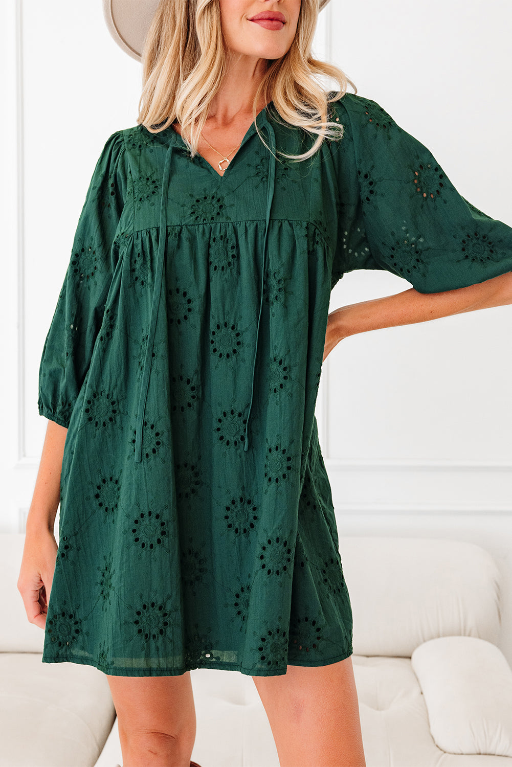 Blackish Green Embroidered Eyelet Pattern 3/4 Puffy Sleeve Swing Mini Dress