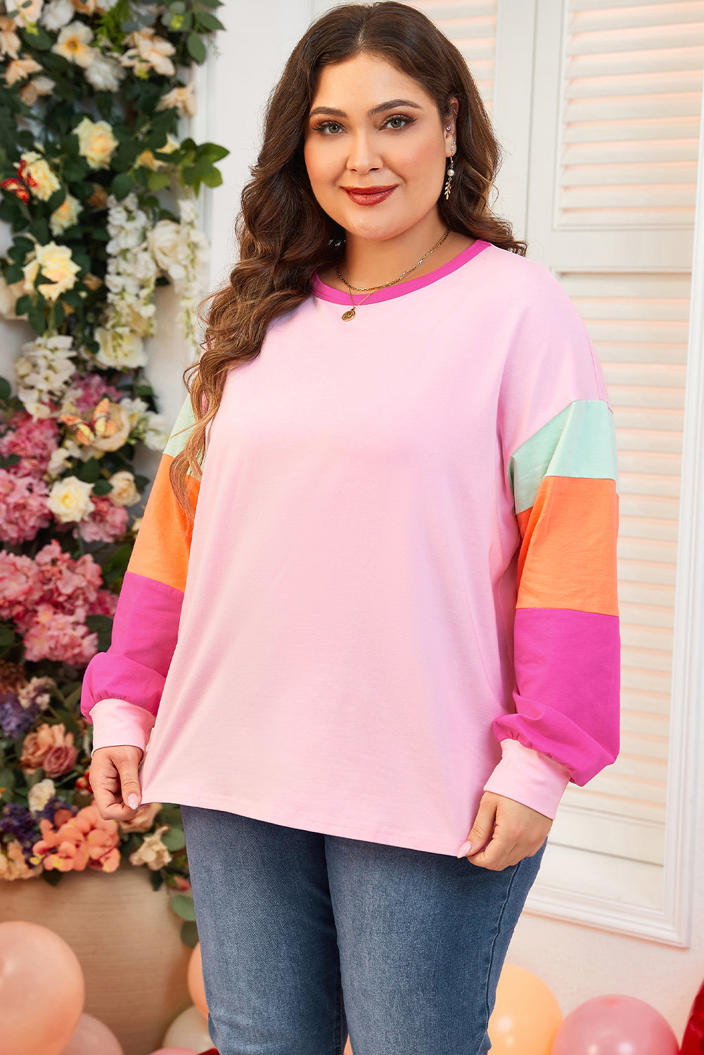 Pink Color-Block Patchwork Long-Sleeve Plus Size Top