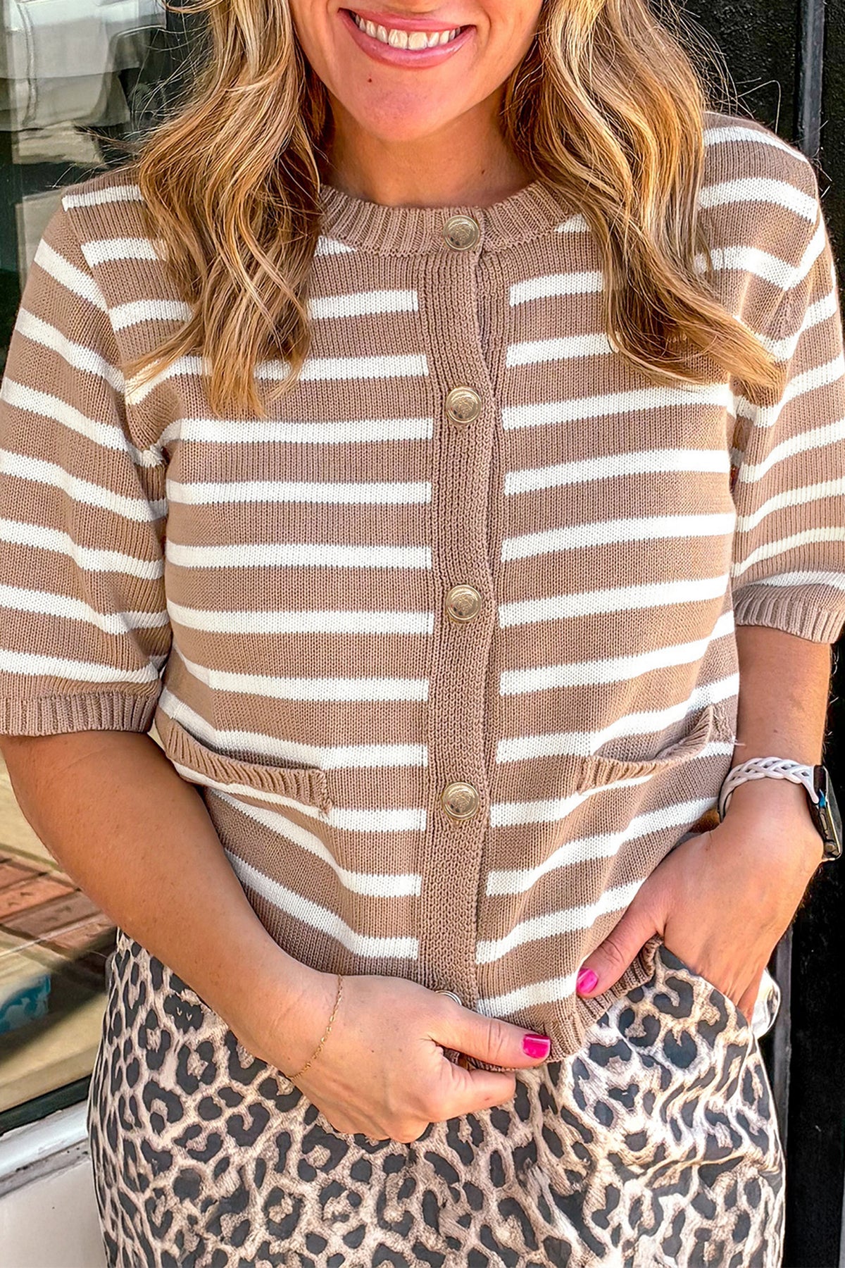 Khaki Stripe Button Down Short-Sleeve Knit Plus Size Cardigan