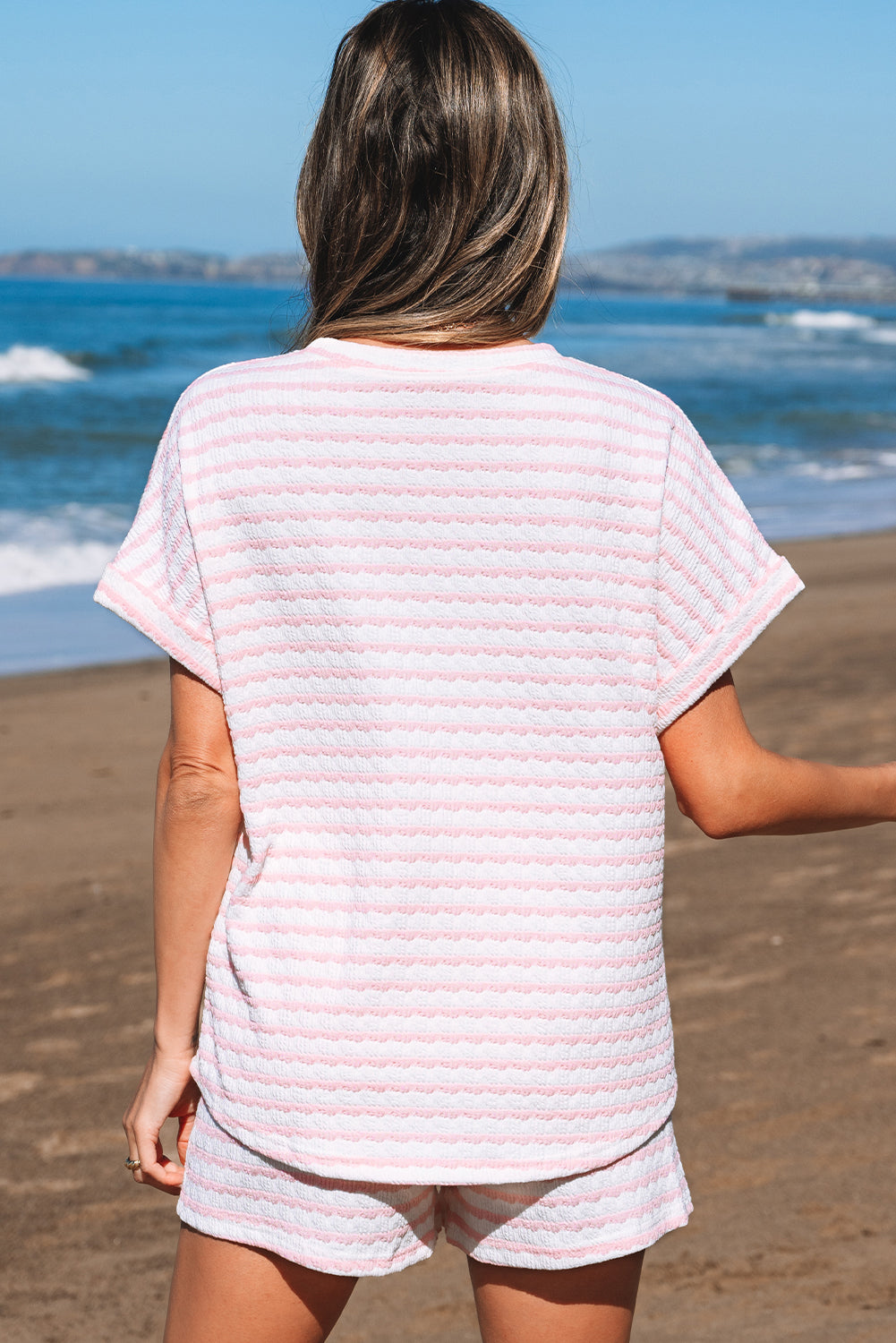 Women's Pink Stripe Knitted Short-Sleeve Top & Shorts Set