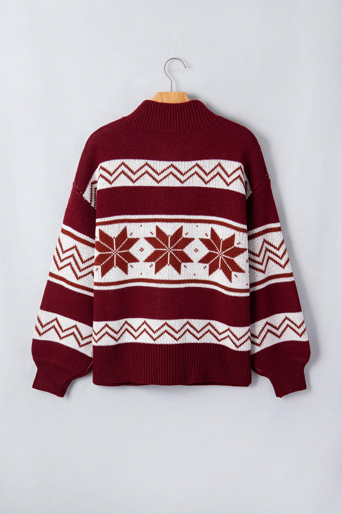 Red Geometric Pattern Zip-Up Knit Long Sleeve Cardigan