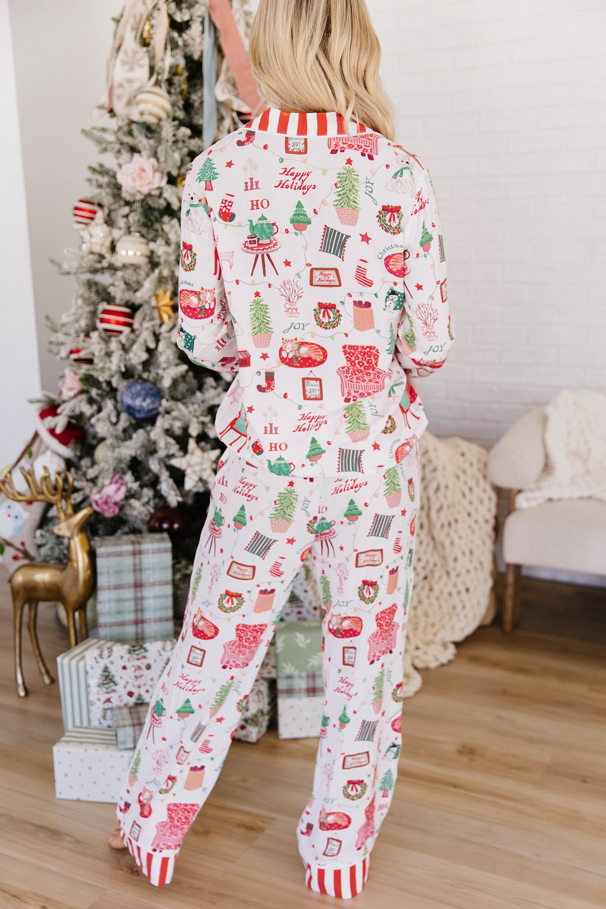 White Striped Holiday Long Sleeve Shift Home Wear Lounge Set