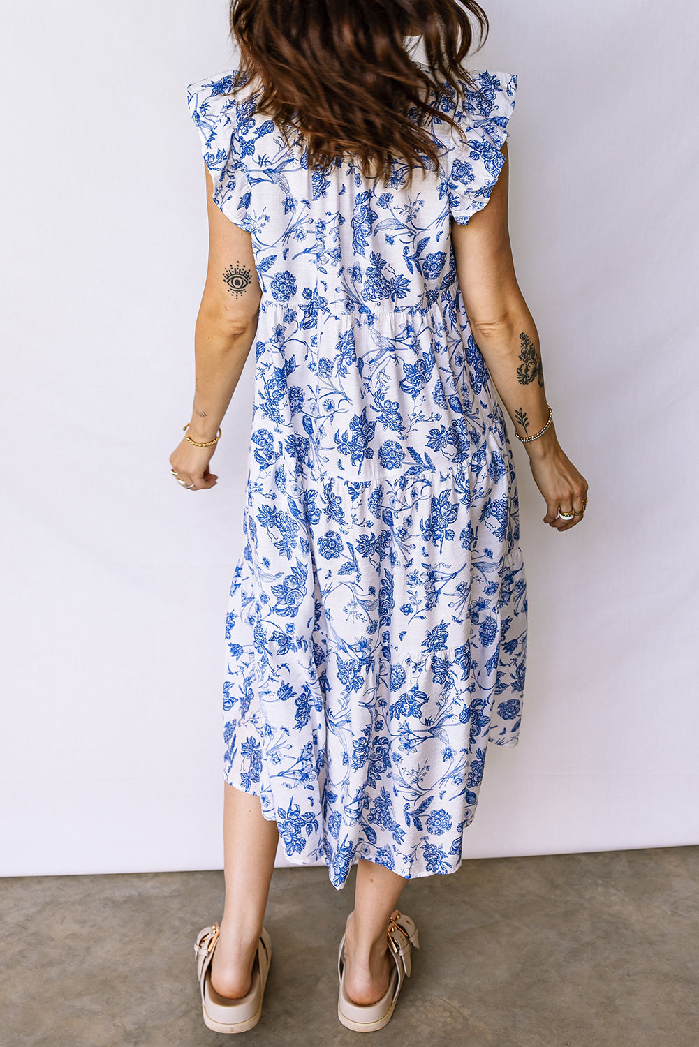 Blue Ruffled Short Sleeve Tiered Floral Midi Dress