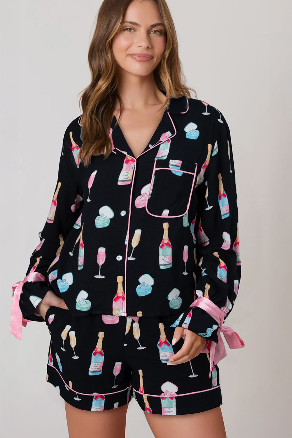 Black Christmas Wine Glass Print Bow Knot Pajama Set