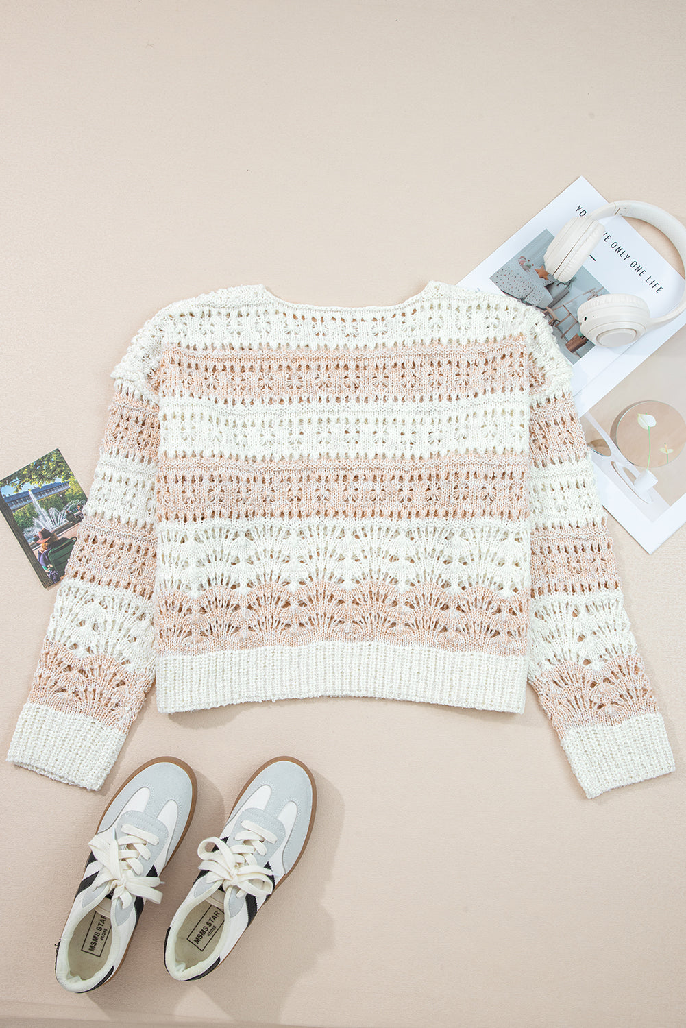 Pink Hollow-out Colorblock Drop Shoulder Casual Sweater
