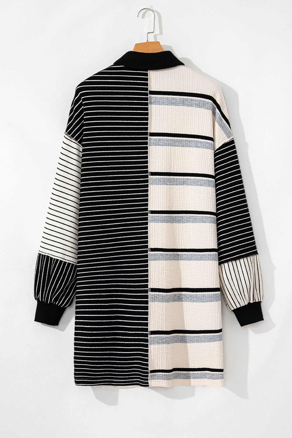 Black Stripe Colorblock Knit Henley Collar Shift Mini Dress