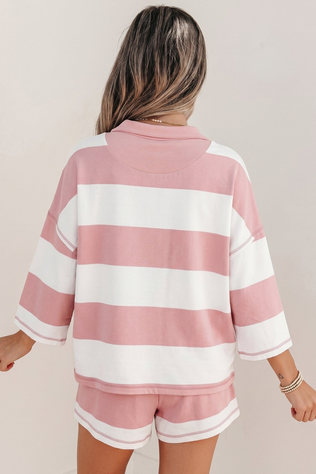 Women's Pink Stripe Half Zip Bracelet Sleeve Top Casual Shorts Set