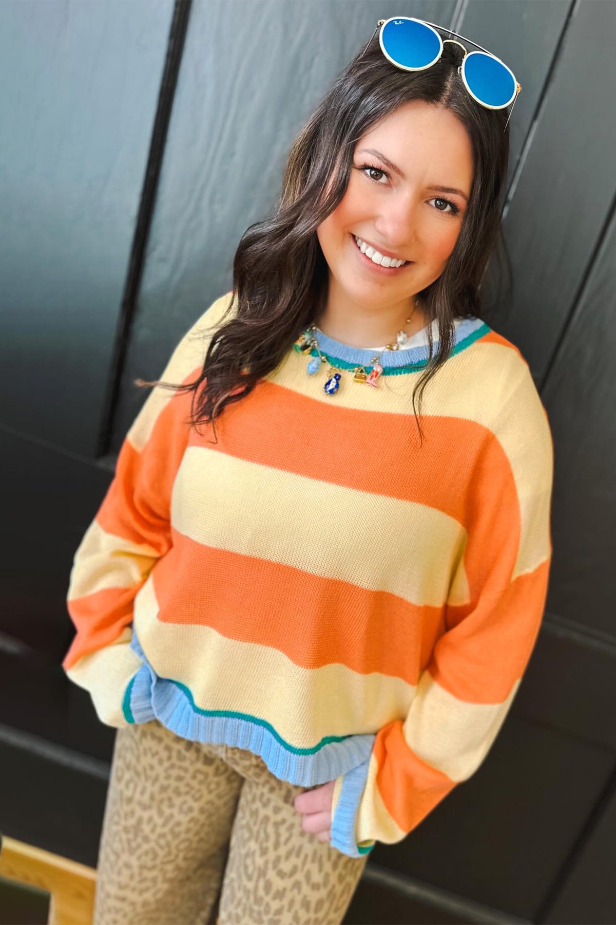 Yellow Stripe Striped Color-Block Round-Neck Long-Sleeve Oversized Plus Size Sweater