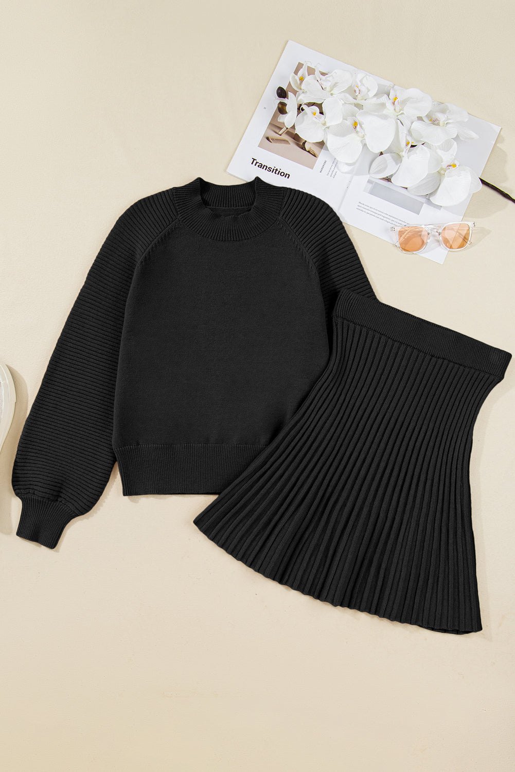 Women's Black High-Neck Puff Sleeve Sweater Pleated Mini Skirt Two-Piece Knitted Outfit