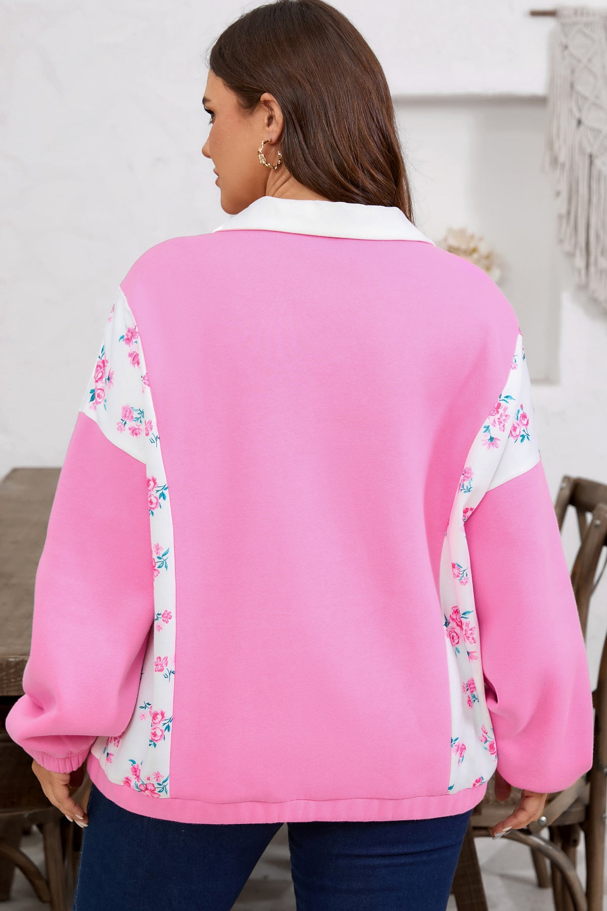 Pink Plus Size Contrast Polo Collar Floral Patchwork Elastic Cuffs Long-Sleeve Top