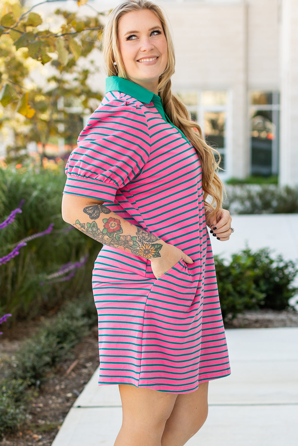 Rose Stripe Collared V-Neck Puff Sleeve Shift T-Shirt Dress with Pockets