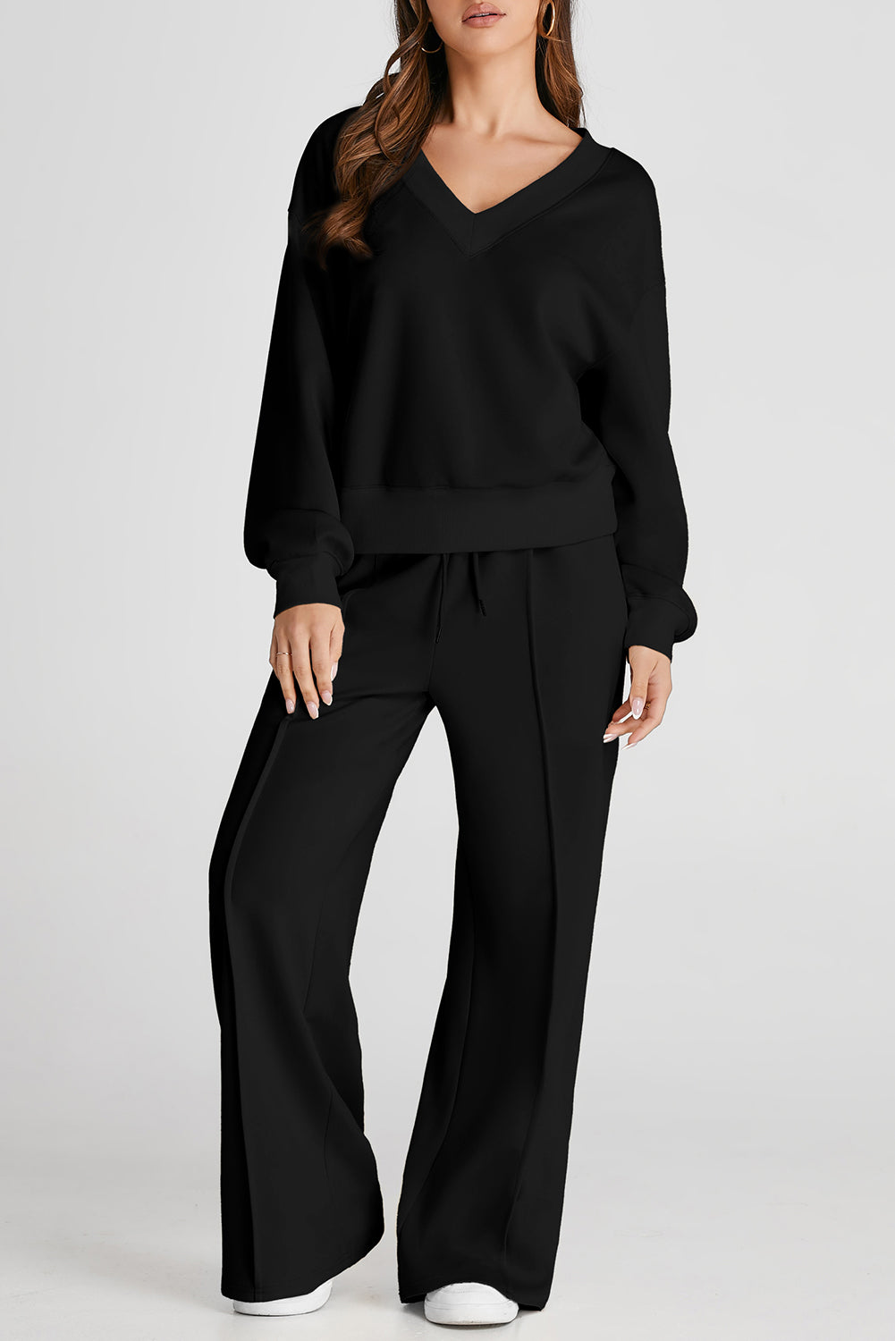 Black V Neck Cropped Seamed High Waist Activewear Set