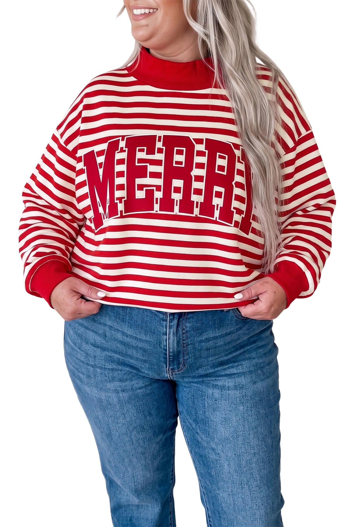Red Stripe Plus Size MERRY Festive Letter Sweatshirt