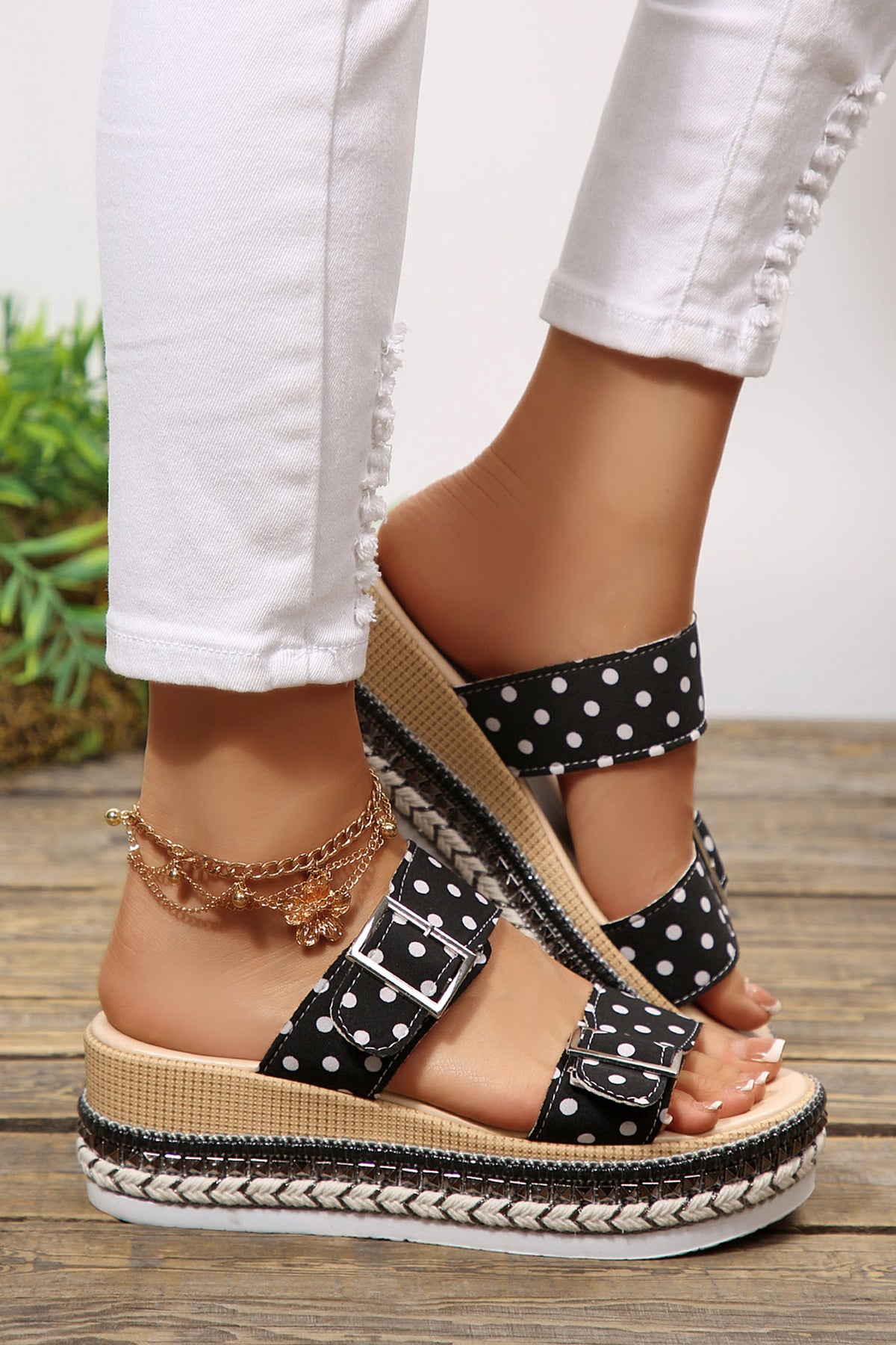 White Polka Dot Pattern Double Buckle Straps Hollow Out Platform Sandals
