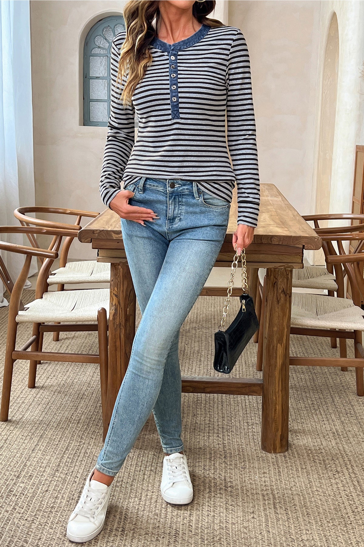 Gray Stripe Denim Contrast Collar Half Button Top