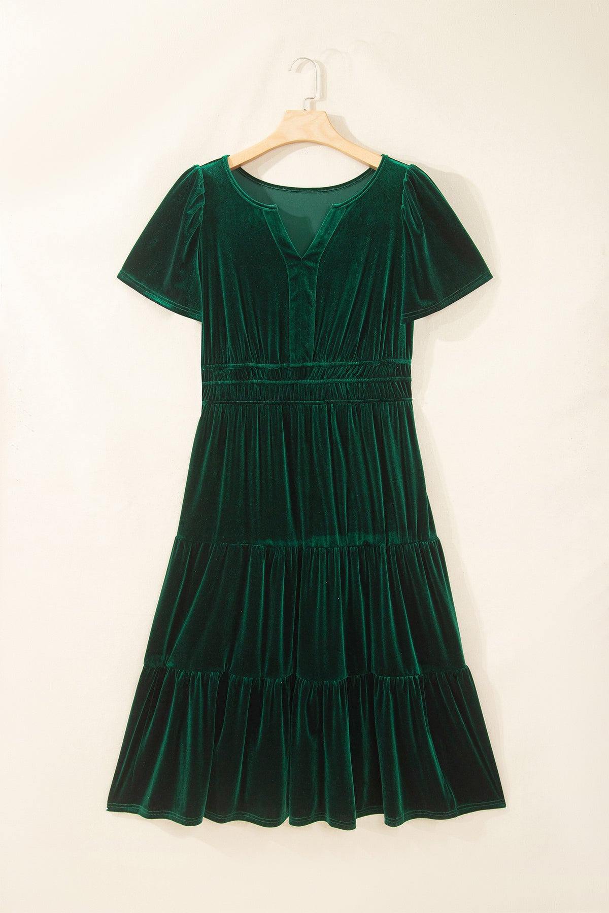 Blackish Green Velvet Shirred Waist Tiered Plus Size Dress